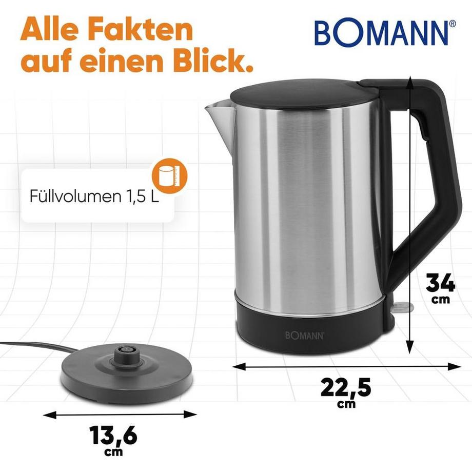 Bomann Bomann WKS 3002 CB bollitore elettrico 1,5 L 2200 W Nero, Acciaio inox  