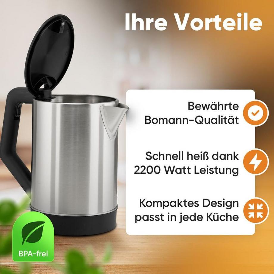 Bomann Bomann WKS 3002 CB bollitore elettrico 1,5 L 2200 W Nero, Acciaio inox  