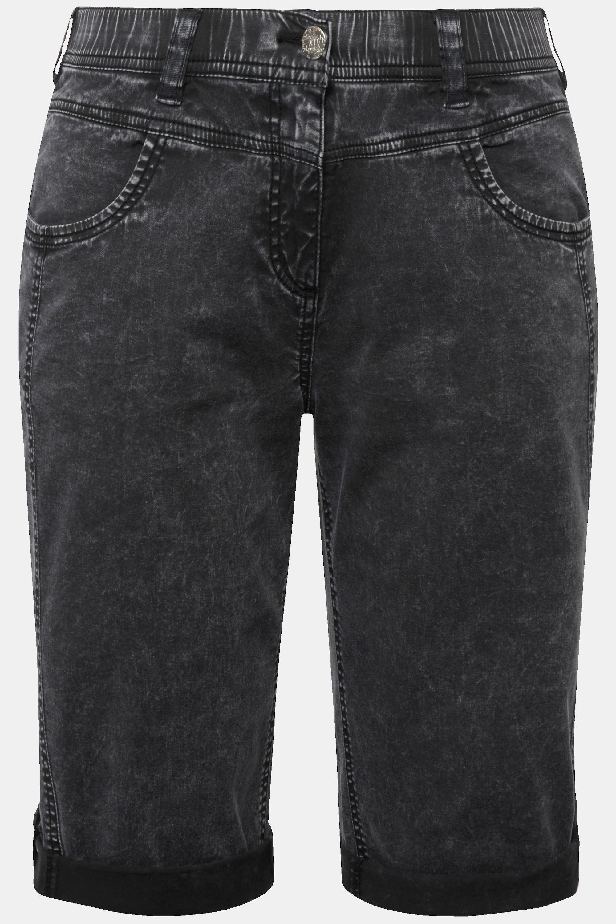 Ulla Popken  Bermuda di jeans con effetto sdrucito, taglio della gamba dritto e cintura elastica 