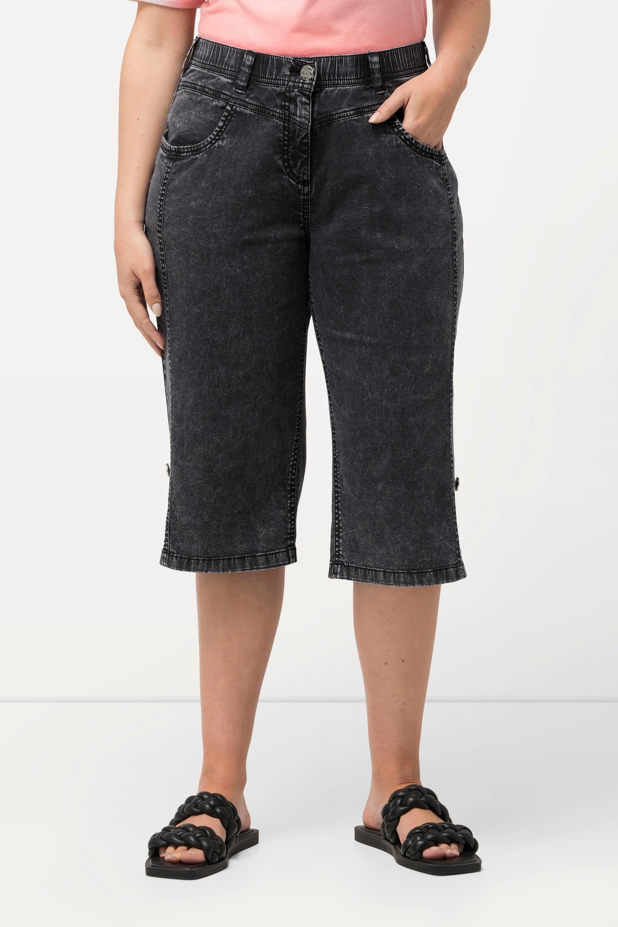 Ulla Popken  Bermuda di jeans con effetto sdrucito, taglio della gamba dritto e cintura elastica 