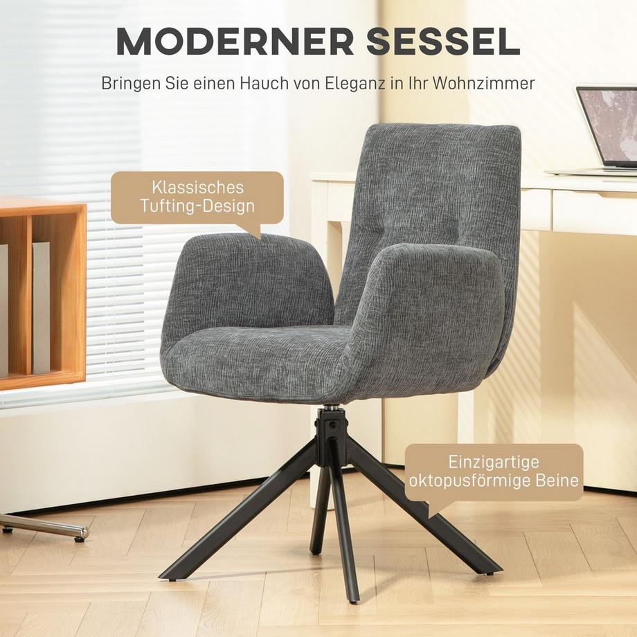 Northio Sessel Drehbar Loungesessel mit Armlehne, Wolle-Leinenoptik, modern Polsterstuhl mit Knopfheftung, Stahlbeine, für Wohnzimmer, Schlafzimmer, Dunkelgrau  