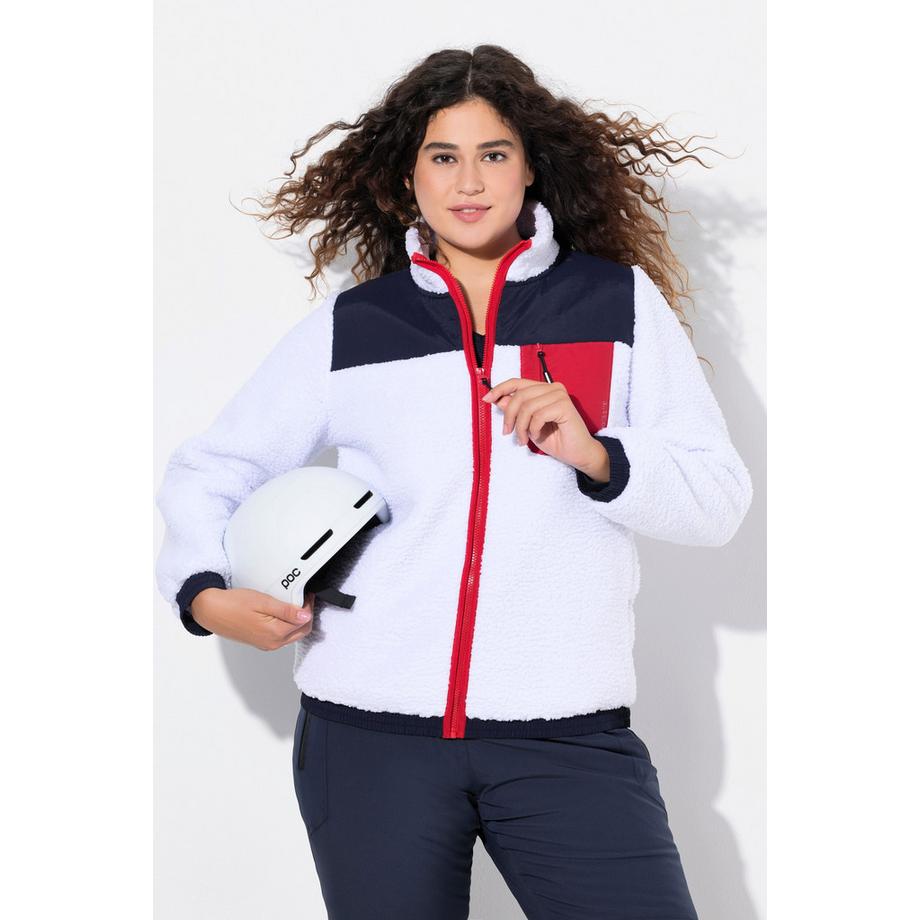 Ulla Popken Teddyfleece-Jacke Patches Stehkragen 2-Wege-Zipper  