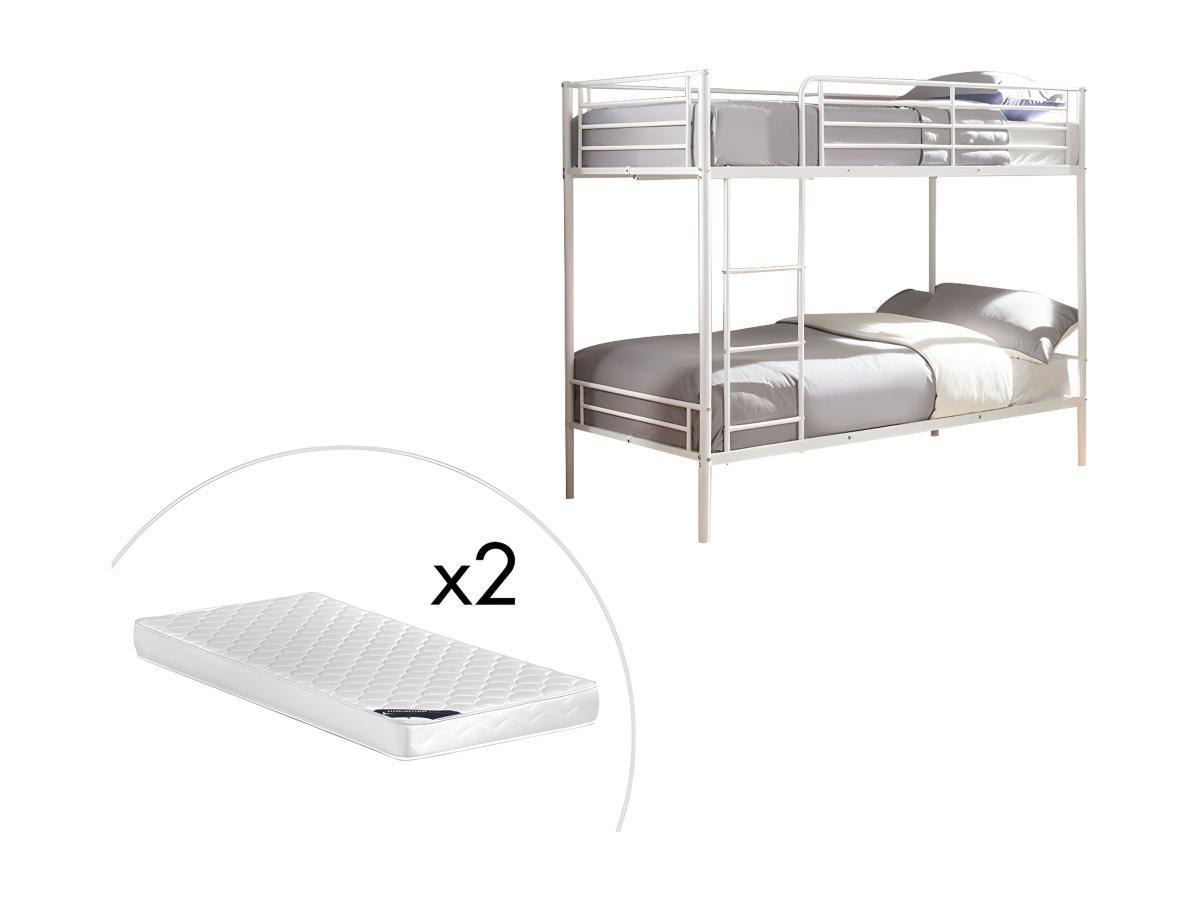 Vente-unique Letto a castello 2 x 90 x 190 cm Bianco + Materasso - DUOTIS II  