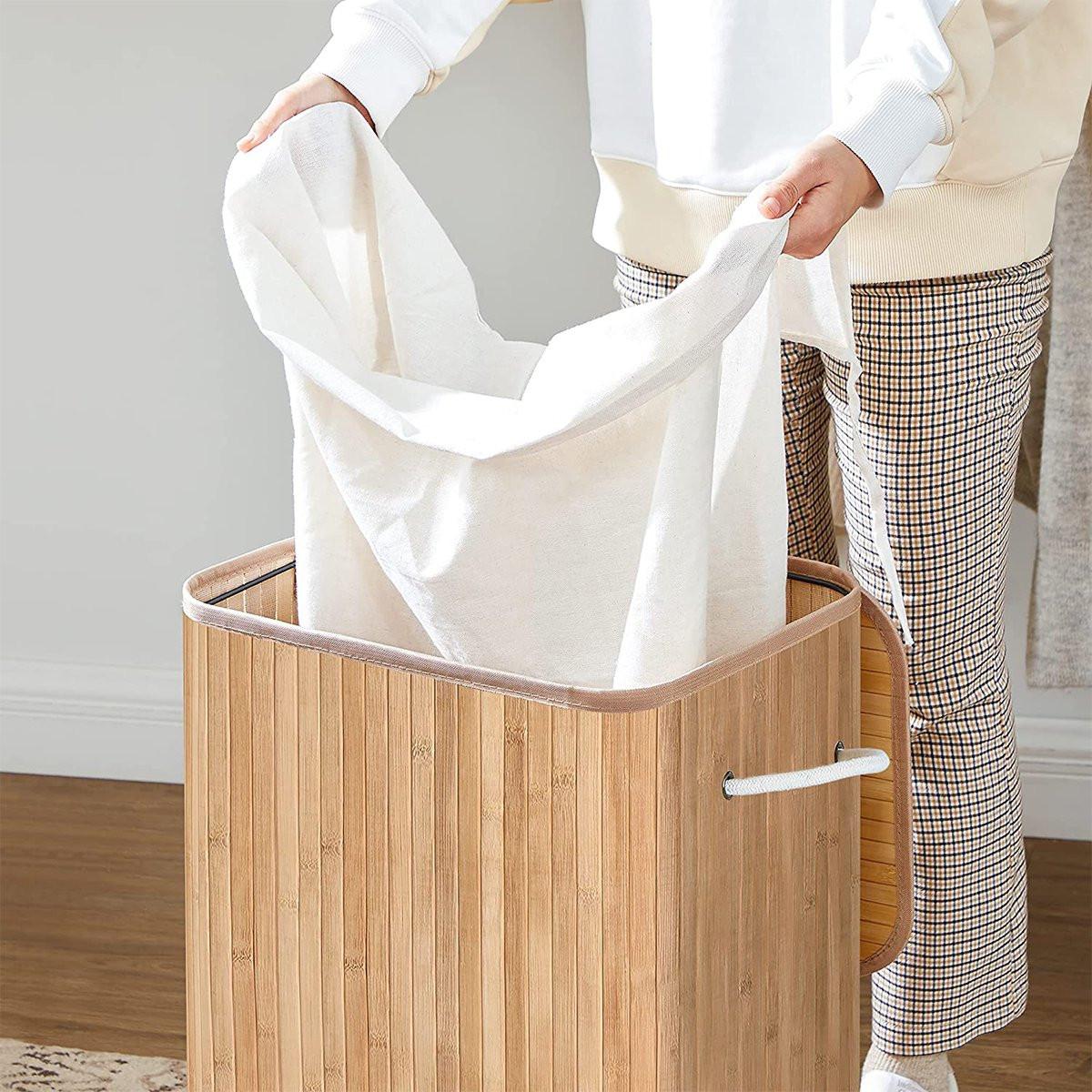 Calicosy Panier à linge pliable en bambou avec 3 poignées, 72L - L40 x H60 cm  