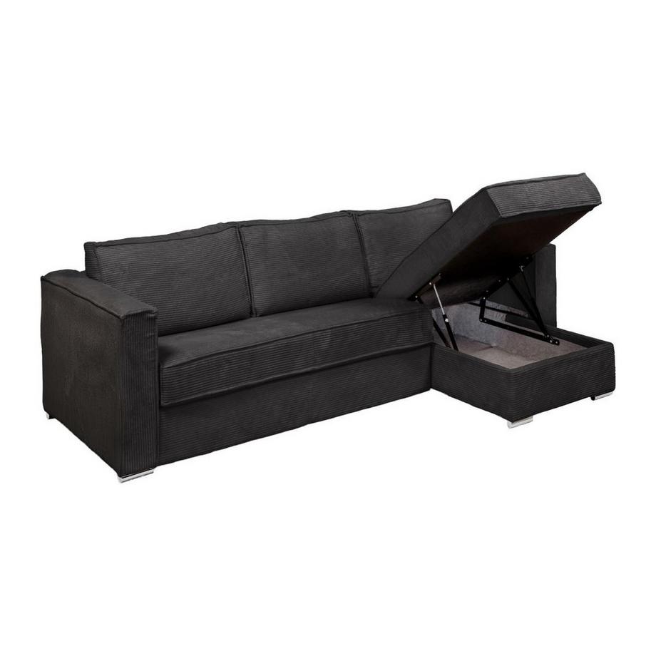Vente-unique Canapé d'angle convertible express et réversible en velours côtelé gris anthracite - Couchage à lattes larges 140 cm - Matelas 14 cm LORETO  