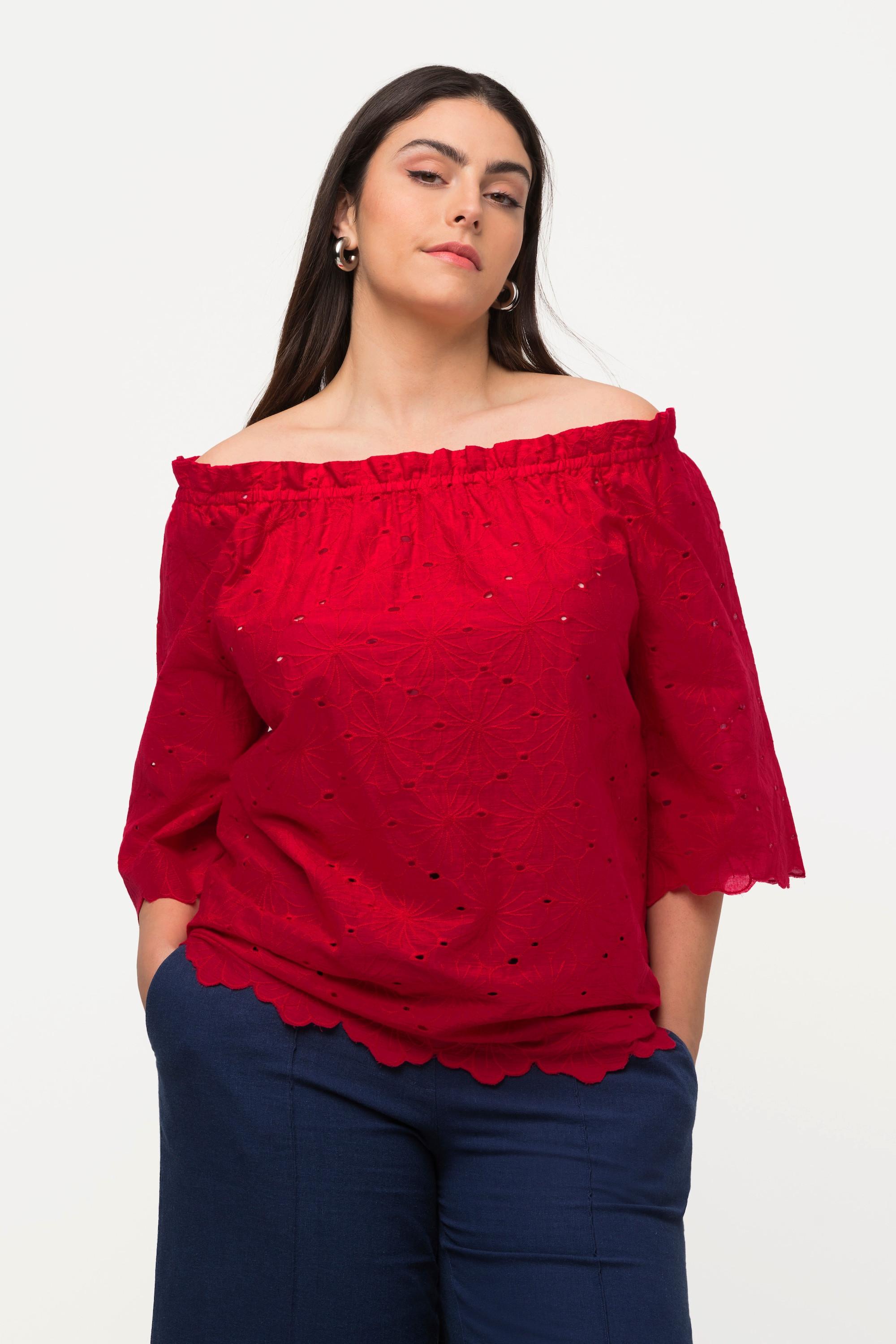 Ulla Popken  Blusa con spalle scoperte, taglio svasato, pizzo e mezze maniche 