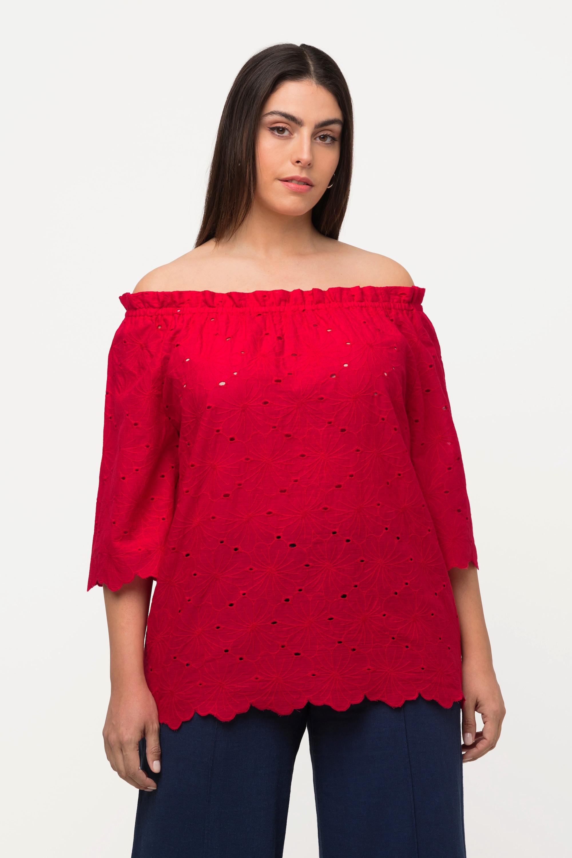 Ulla Popken  Blusa con spalle scoperte, taglio svasato, pizzo e mezze maniche 