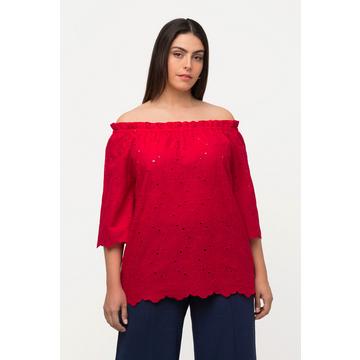 Blusa con spalle scoperte, taglio svasato, pizzo e mezze maniche