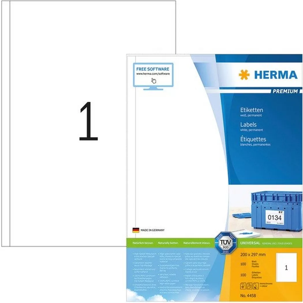 HERMA – Universal-Etiketten 200x297mm 4458 weiss 100 St./100 Blatt, One Size