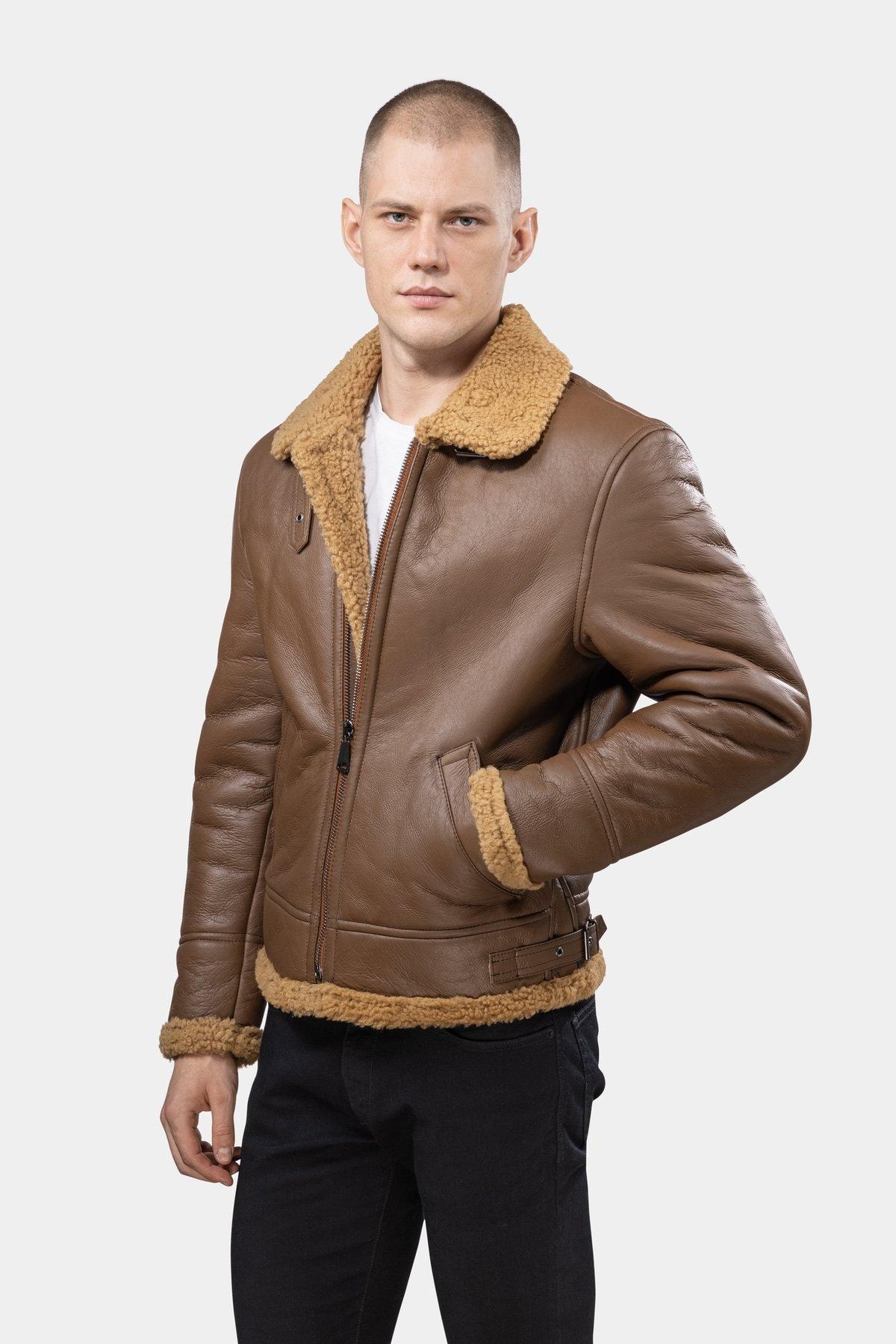 Image of Lammfell Aviator B3 Lederjacke - Camel Herren Light Beige XXL