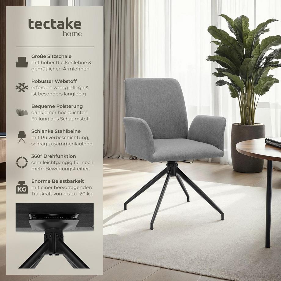 Tectake Drehbarer Armlehnstuhl Daya robuster Webstoff, gepolstert 360° drehbar, höhenverstellbare Kunststofffüße  