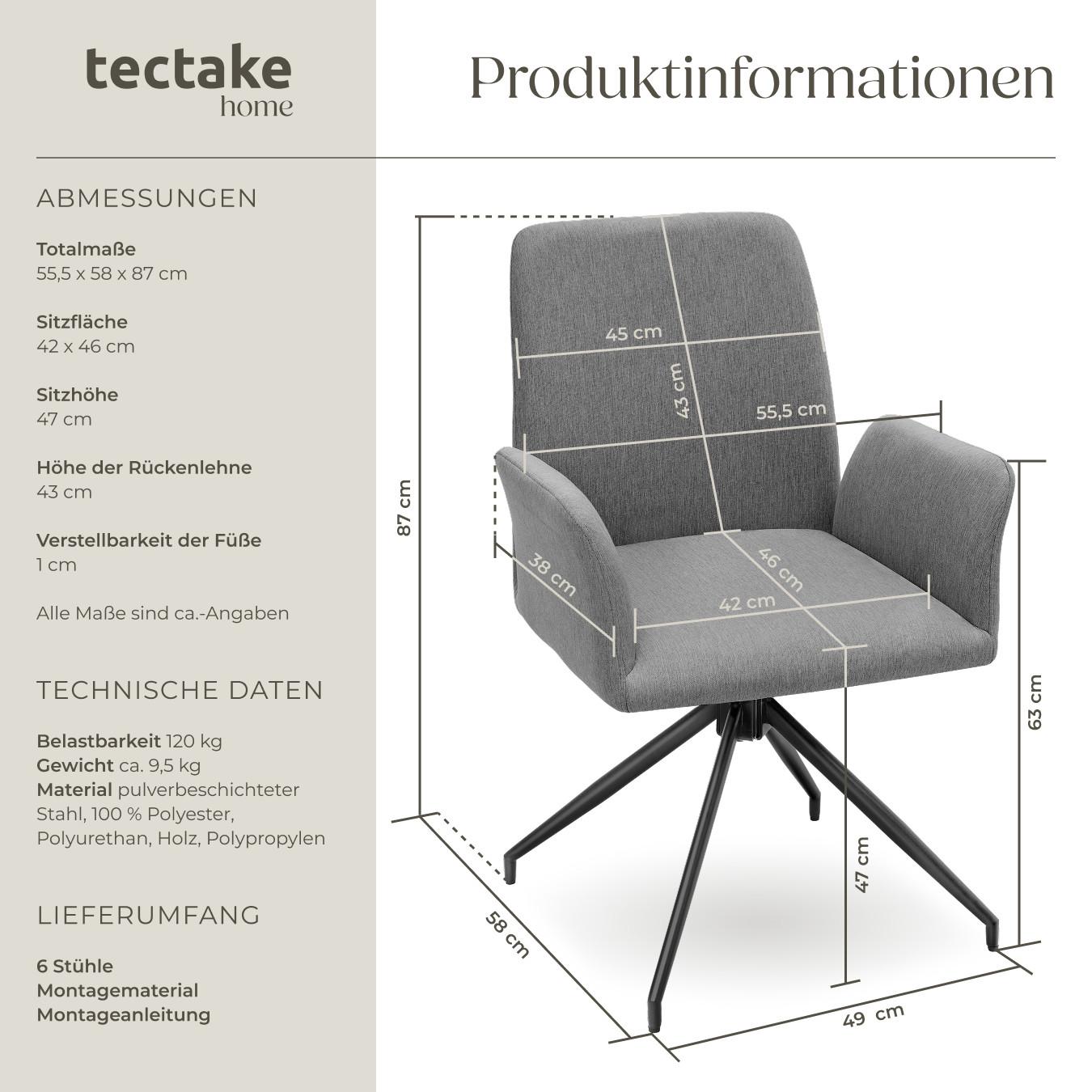 Tectake Drehbarer Armlehnstuhl Daya robuster Webstoff, gepolstert 360° drehbar, höhenverstellbare Kunststofffüße  