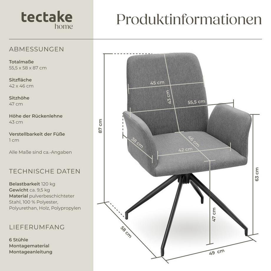Tectake Drehbarer Armlehnstuhl Daya robuster Webstoff, gepolstert 360° drehbar, höhenverstellbare Kunststofffüße  