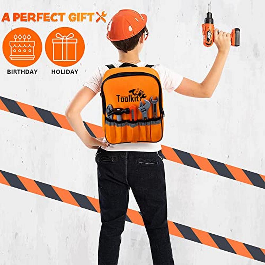 Activity-board  Ensemble de jouets d'outils de Construction pour enfants 32 pièces, sac à dos de jouets d'outils avec jouet de perceuse électrique, casque de Construction, outils de Construction 