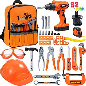 Ensemble de jouets d'outils de Construction pour enfants 32 pièces, sac à dos de jouets d'outils avec jouet de perceuse électrique, casque de Construction, outils de Construction