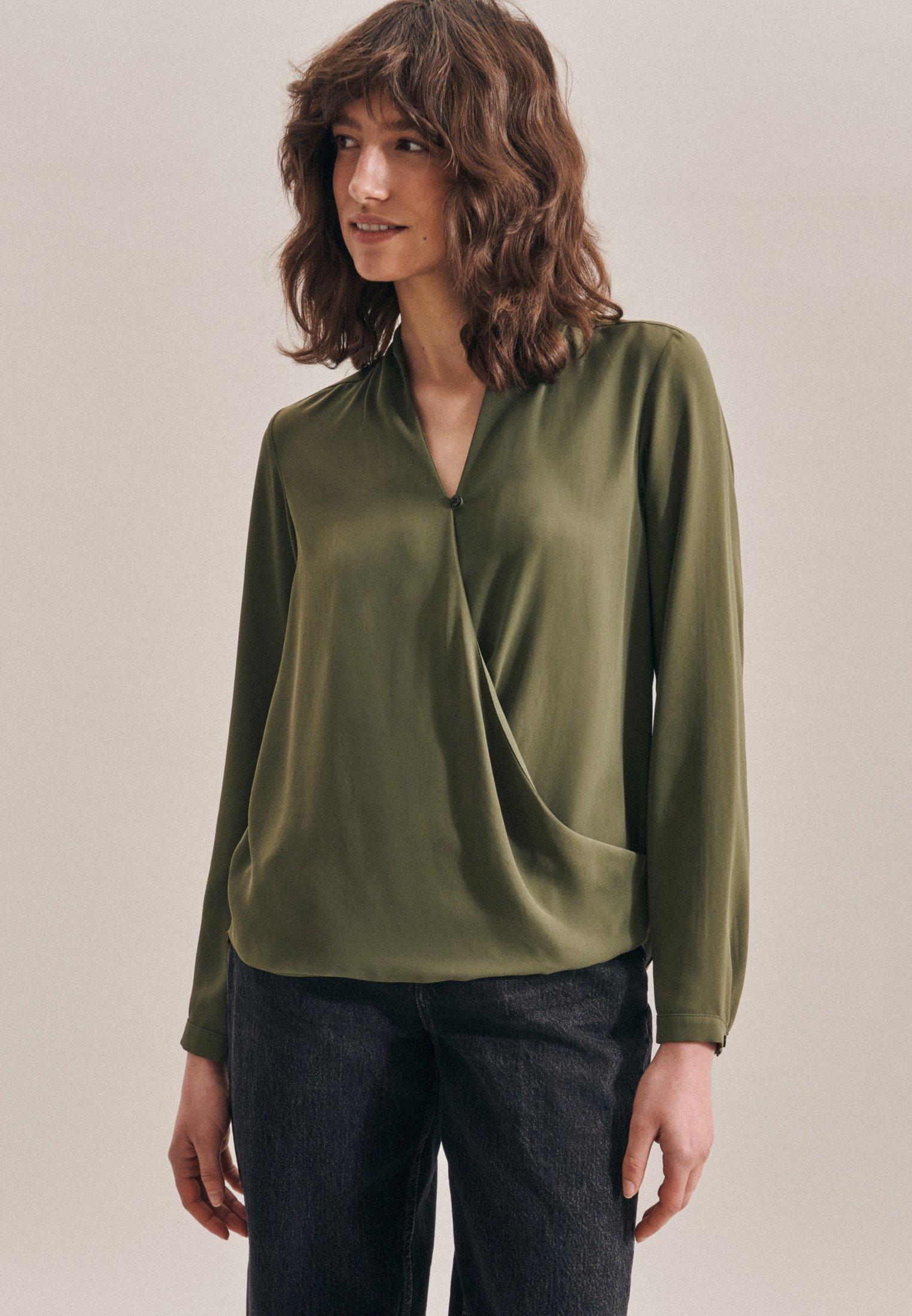Image of Wickelbluse Uni Langarm V-neck Damen Grün 38