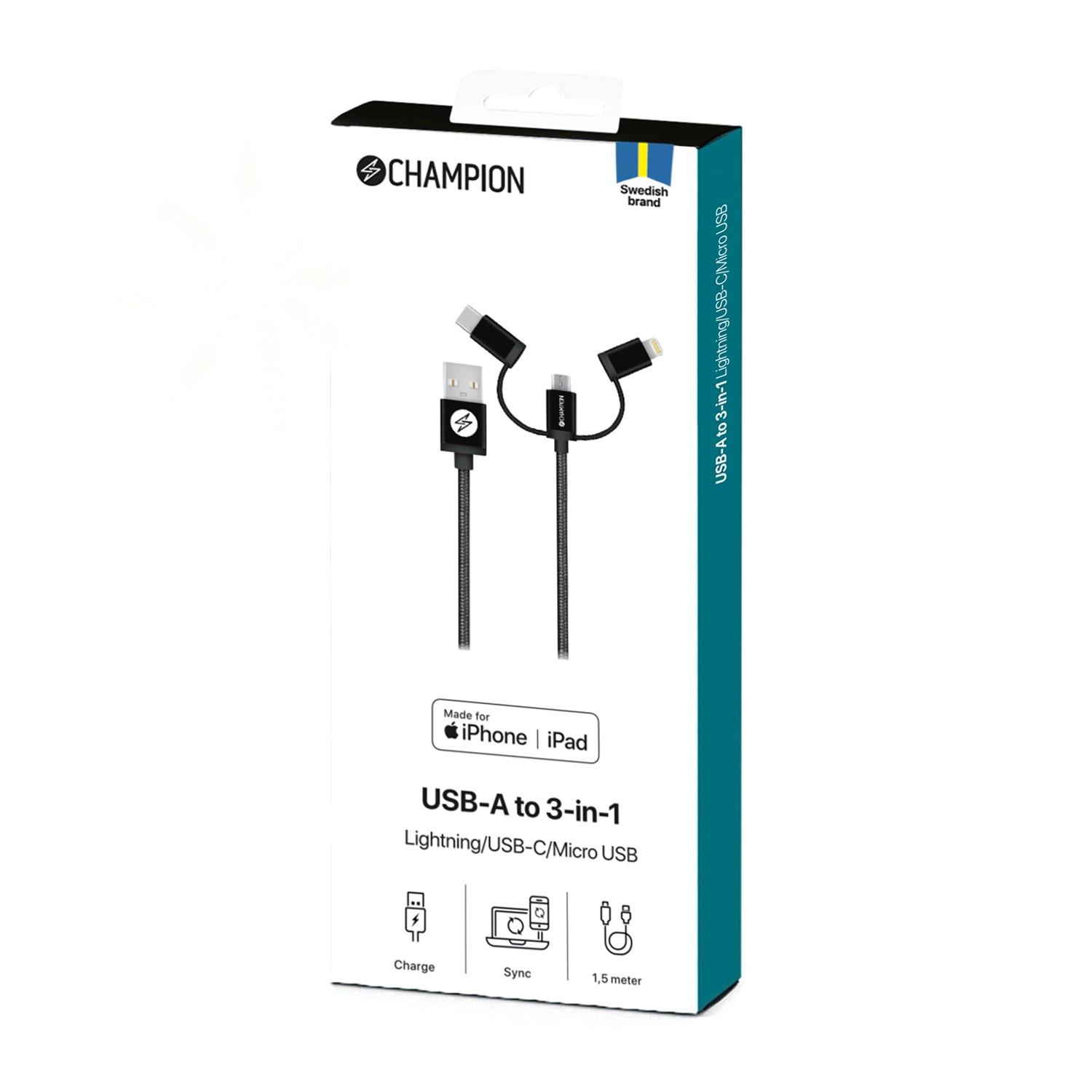 Champion  USB-A auf Lightning, USB-C und Micro-USB 1,5 m Schwarz 