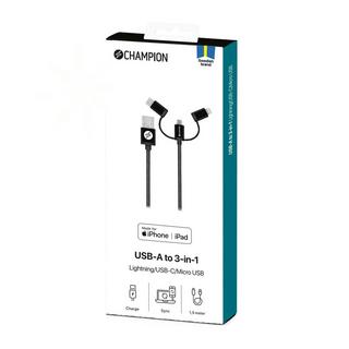 Champion  USB-A auf Lightning, USB-C und Micro-USB 1,5 m Schwarz 
