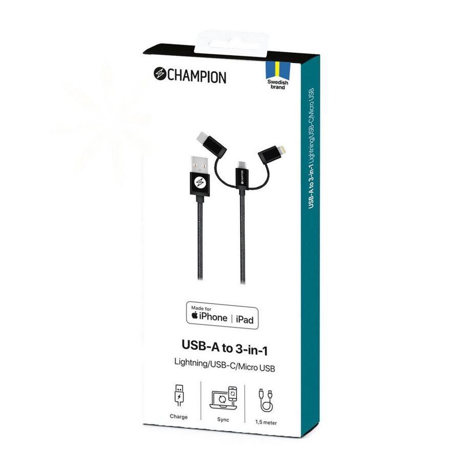 Champion  USB-A auf Lightning, USB-C und Micro-USB 1,5 m Schwarz 