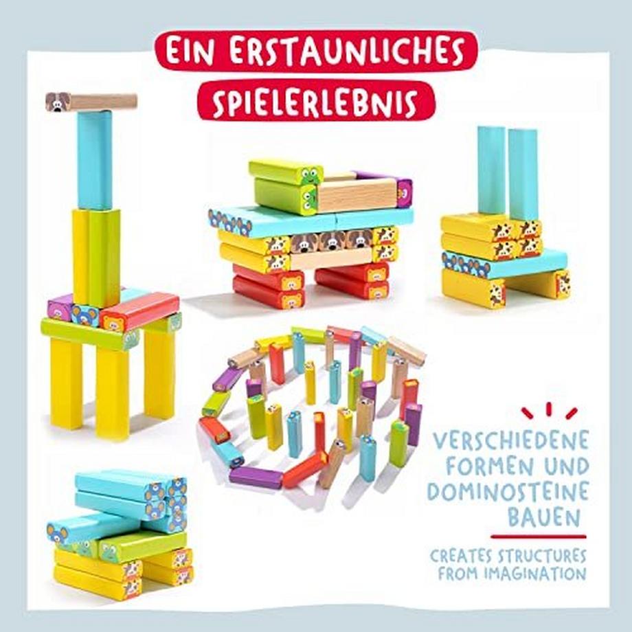Activity-board  Pädagogisches Kinderspiel ab 3 Jahre - Wackelturm 4 in 1 aus Holz mit Farben und Tieren 