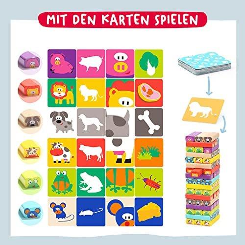 Activity-board  Pädagogisches Kinderspiel ab 3 Jahre - Wackelturm 4 in 1 aus Holz mit Farben und Tieren 