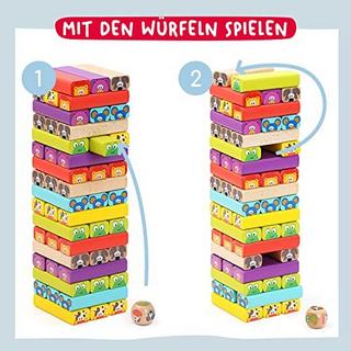 Activity-board  Pädagogisches Kinderspiel ab 3 Jahre - Wackelturm 4 in 1 aus Holz mit Farben und Tieren 