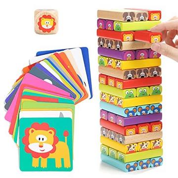 Jeu éducatif pour enfants à partir de 3 ans - Tour Wobble 4 en 1 en bois avec couleurs et animaux