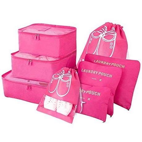 Only-bags.store  Organisateur de valise, 8-en-1 Set Organisateur de bagages, Sacs de vêtements de voyage imperméables comprenant 2 sacs à chaussures, 3 cubes d'emballage et 3 sacs de rangement, pour les vêtements, les chaussures, les cosmétiques, Rose Red 