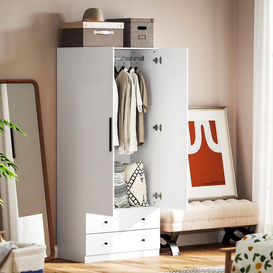 Northio Kleiderschrank Mehrzweckschrank 2-türig mit Kleiderstange und 2 Schubladen Garderobenschrank für Schlafzimmer 79 x 43 x 180 cm Weiß Aosom  