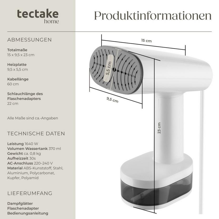 Tectake  Dampfglätter  3 Dampfmodi und Trockenbügelfunktion mit 370 ml Wassertank, 1640 W 