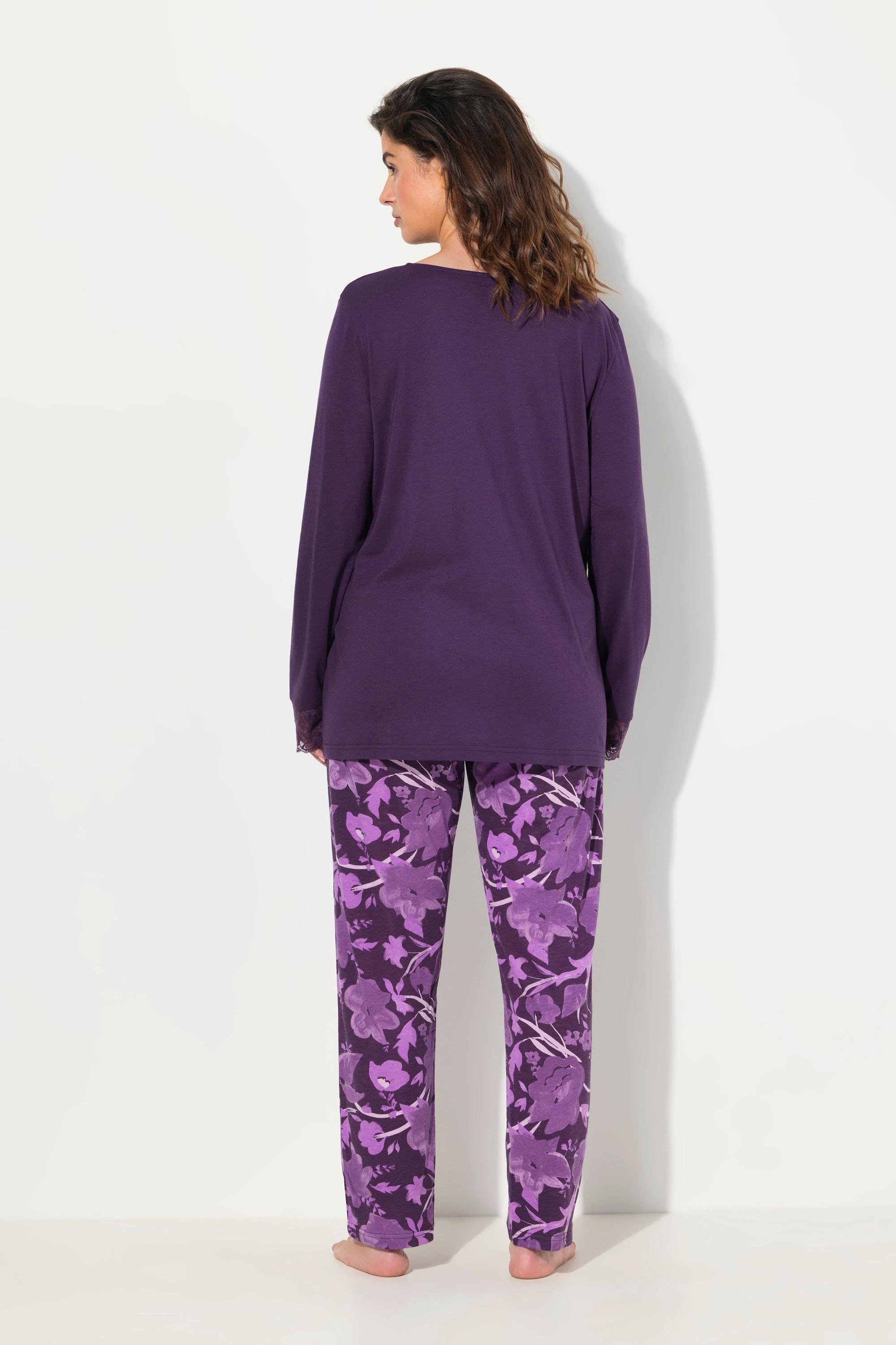 Ulla Popken  Pyjama, Spitze, V-Ausschnitt, Langarm, Modalmix 