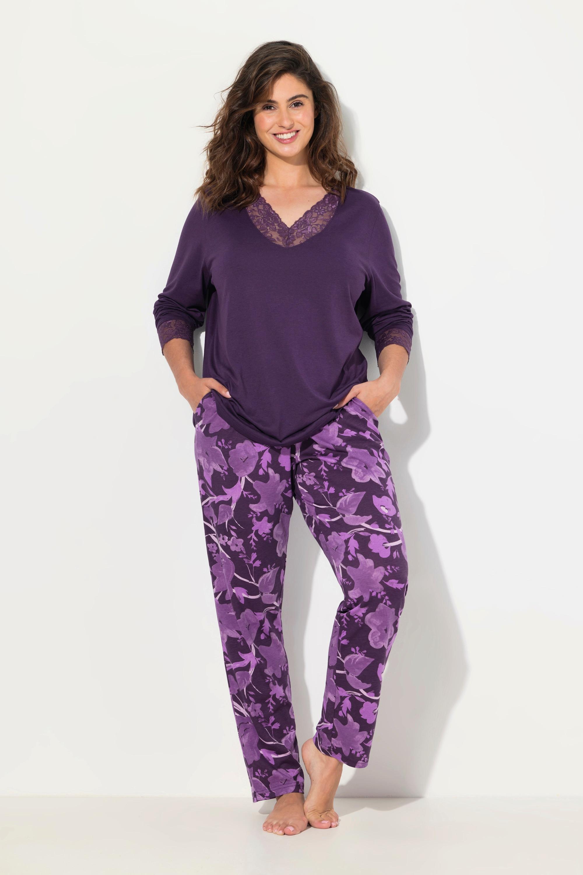 Ulla Popken  Pyjama, Spitze, V-Ausschnitt, Langarm, Modalmix 