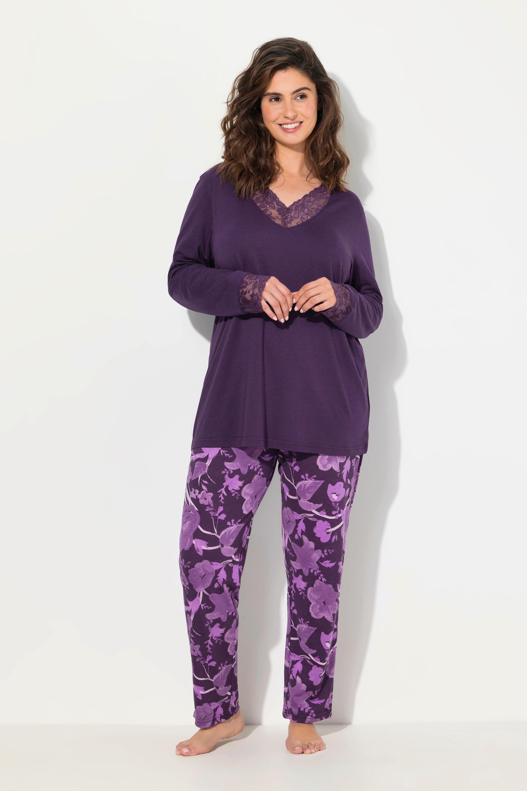 Ulla Popken  Pyjama, Spitze, V-Ausschnitt, Langarm, Modalmix 