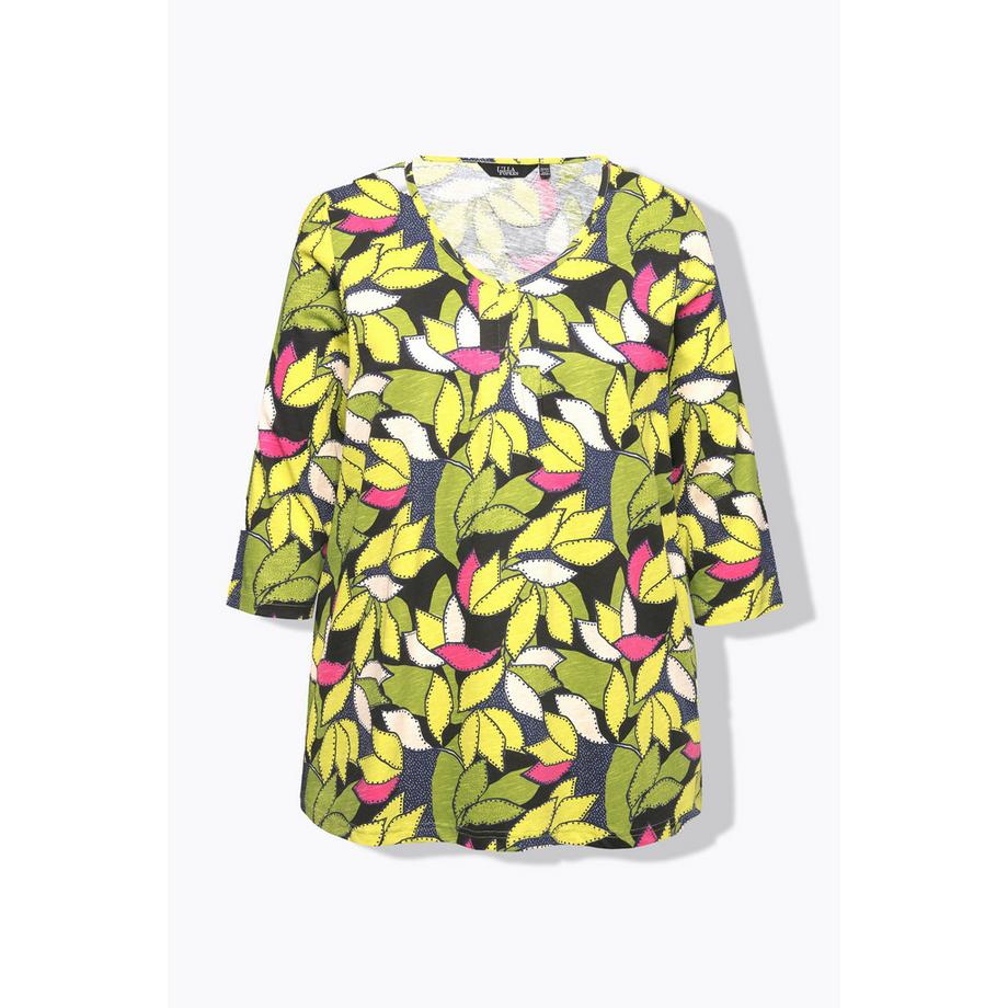 Ulla Popken Blätter A-Linie V-Ausschnitt 3/4 Arm Shirt  