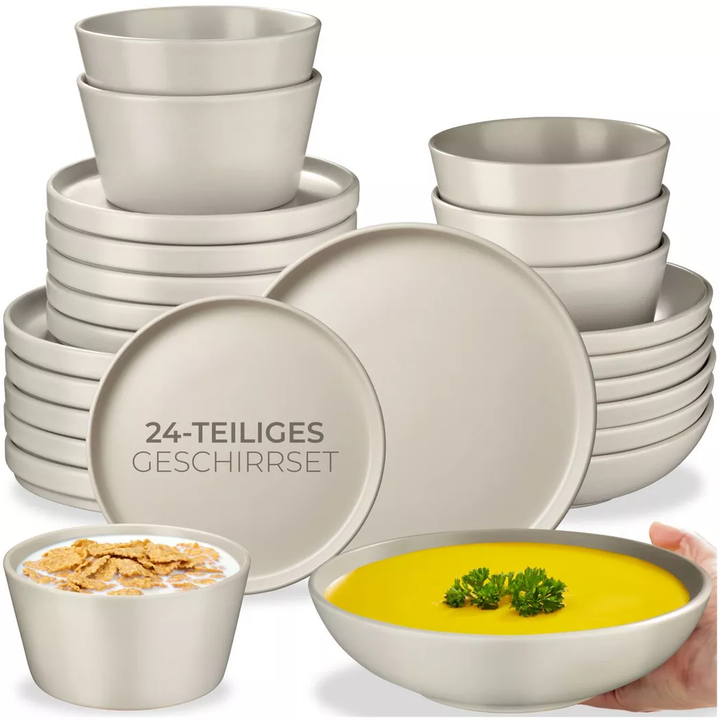24 pièces service de table en grès pour 6 personnes taupe