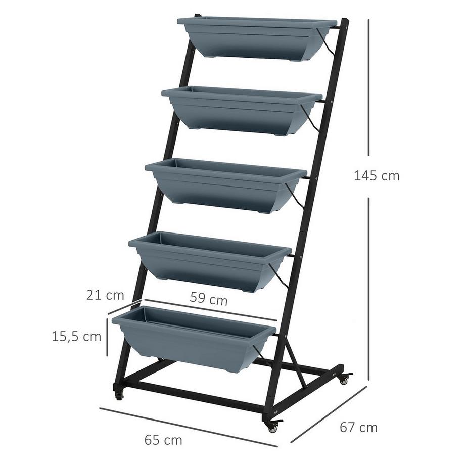 Northio Porta piante con 5 ripiani e ruote, ripiano per piante con fori, scala per piante da giardino in acciaio grigio  