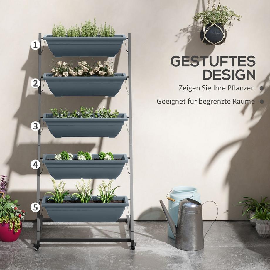 Northio Porta piante con 5 ripiani e ruote, ripiano per piante con fori, scala per piante da giardino in acciaio grigio  