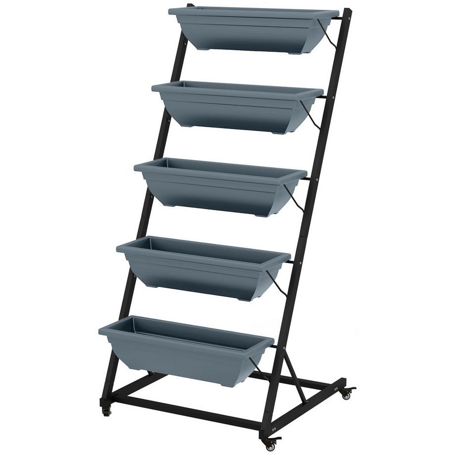 Porta piante con 5 ripiani e ruote, ripiano per piante con fori, scala per piante da giardino in acciaio grigio