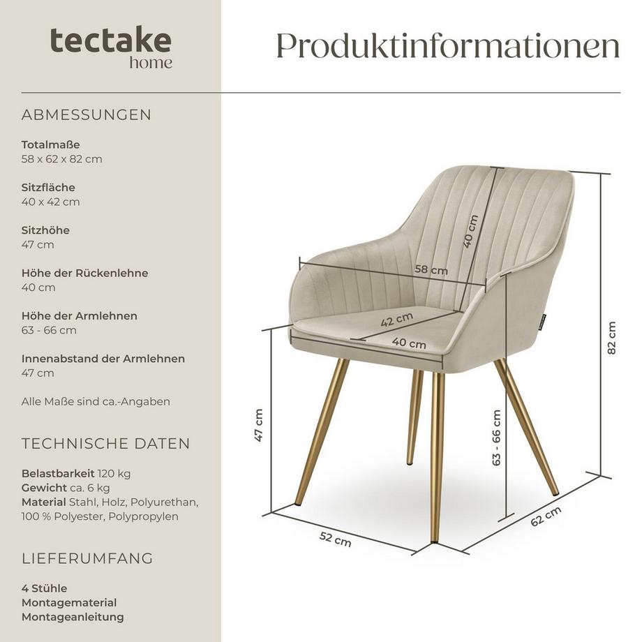Tectake Esszimmerstuhl Marilyn gepolstert, in Samtoptik, gesteppt durchgehende Lehne  