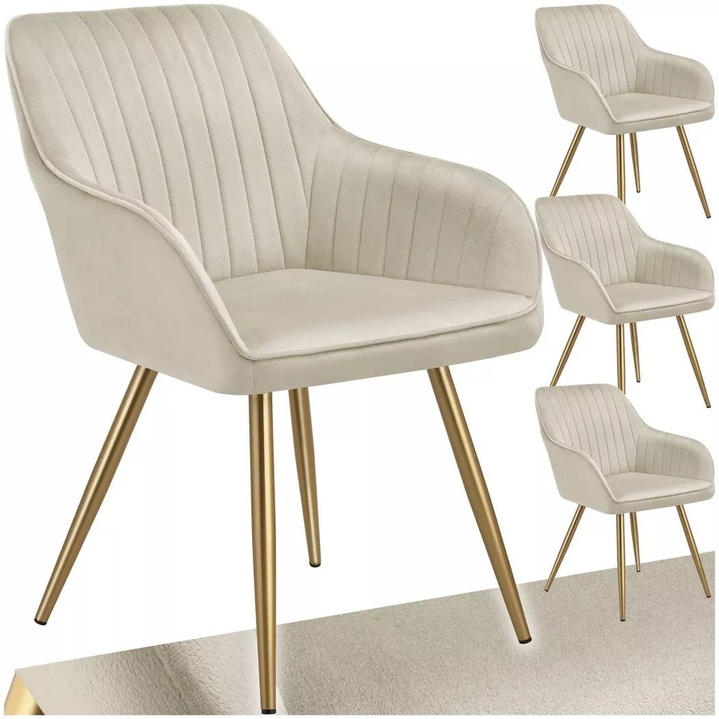 Tectake - Chaise de salle à manger MARILYN en velours matelassé et rembourré, 4 Stück, Creme