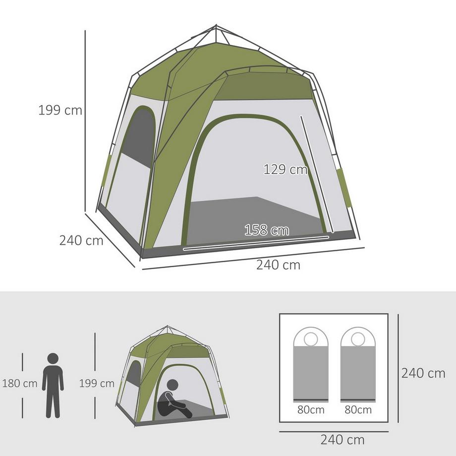 Northio  Camping Zelt 4-Personen-Zelt Familienzelt Mit Fenster 190Tpu1000Mm Einfache Einrichtung Aluminiumlegierung Glasfaser Grün+Grau 240X240X195Cm 