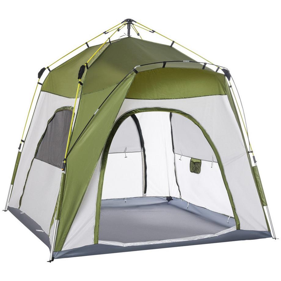 Northio  Camping Zelt 4-Personen-Zelt Familienzelt Mit Fenster 190Tpu1000Mm Einfache Einrichtung Aluminiumlegierung Glasfaser Grün+Grau 240X240X195Cm 
