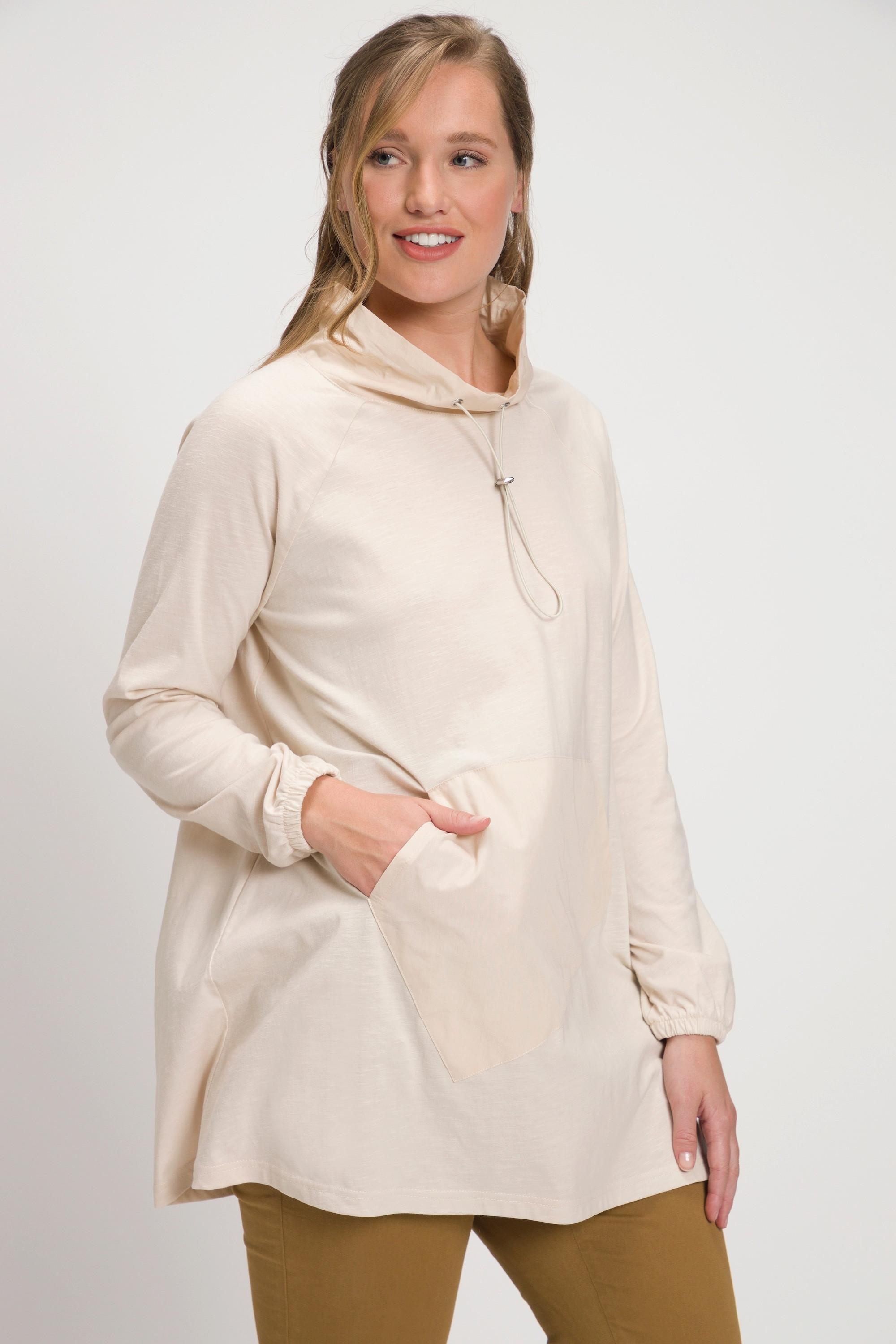 Ulla Popken  T-shirt long, col montant, finition en pointe, manches longues, coton bio 