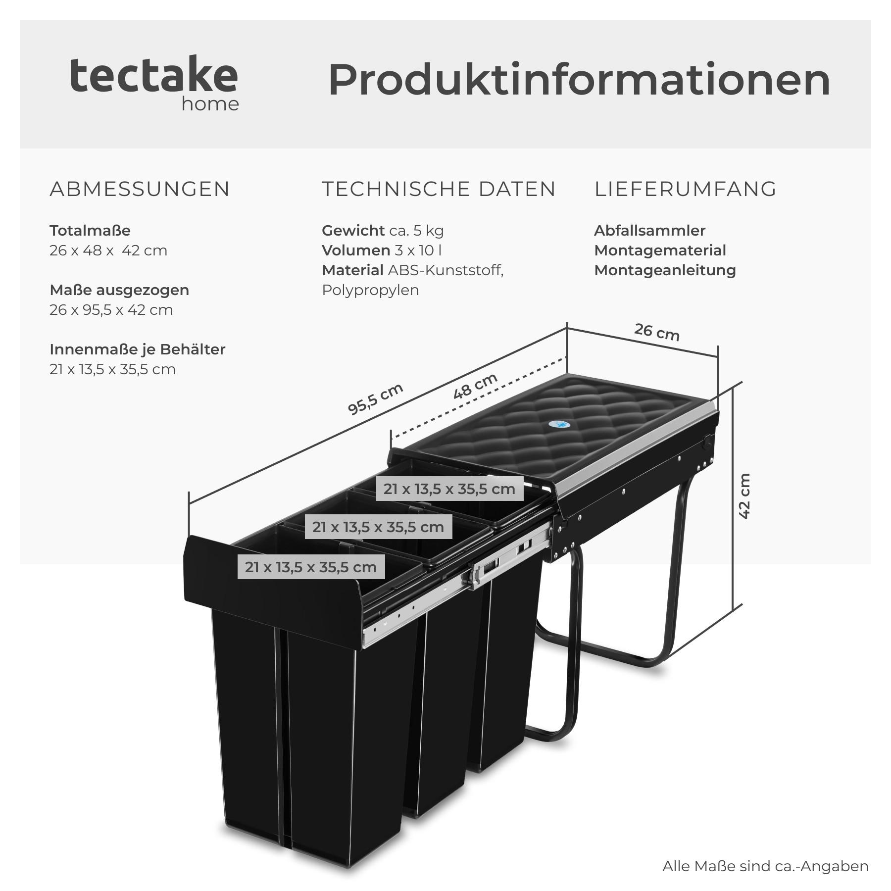 Tectake Abfallsammler Ashlyn, 3-fach Trennung, 30L, Teleskopschienen  