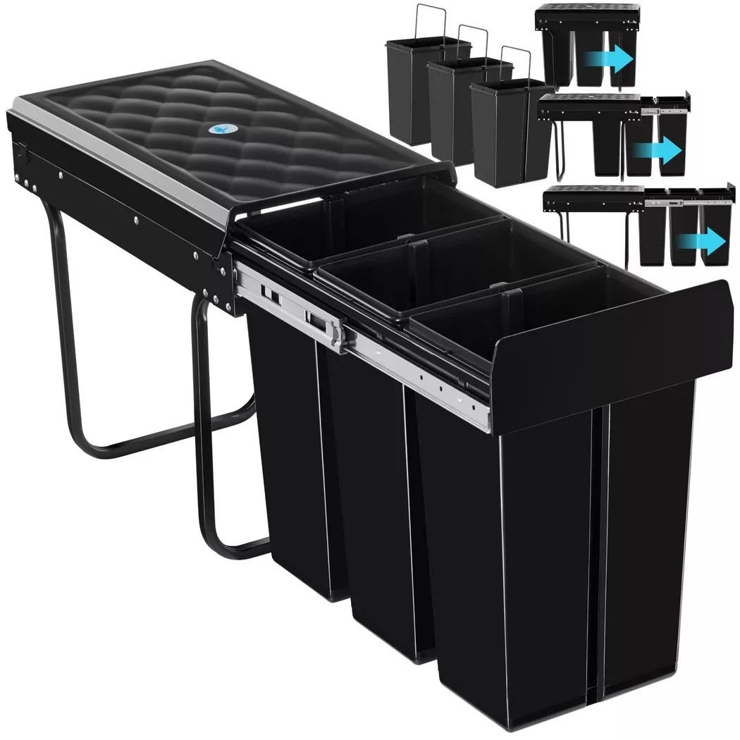 Tectake – Abfallsammler Ashlyn, 3-fach Trennung, 30L, Teleskopschienen, 30 L, Schwarz