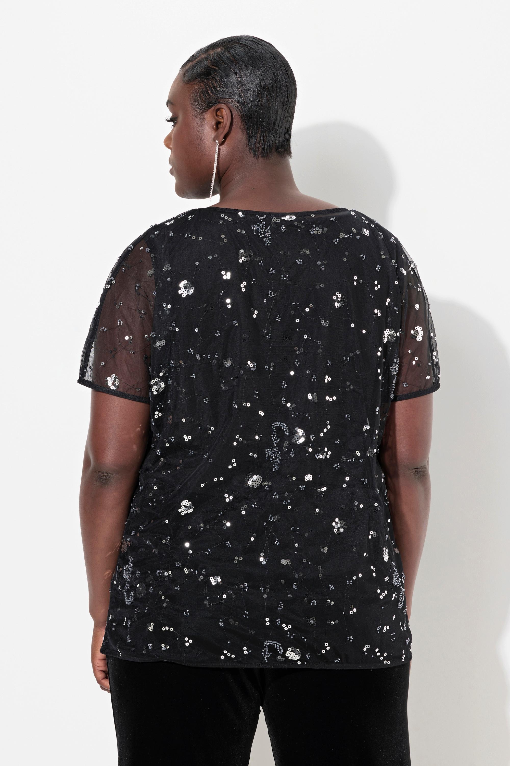 Ulla Popken  Blouse en mesh. Coupe oversize à manches courtes. Sequins et strass 