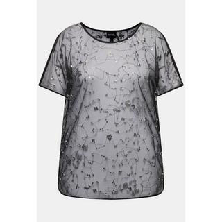 Ulla Popken  Blouse en mesh. Coupe oversize à manches courtes. Sequins et strass 