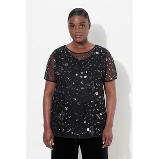 Ulla Popken  Blouse en mesh. Coupe oversize à manches courtes. Sequins et strass 