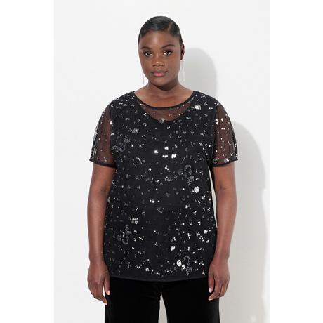 Ulla Popken  Blouse en mesh. Coupe oversize à manches courtes. Sequins et strass 