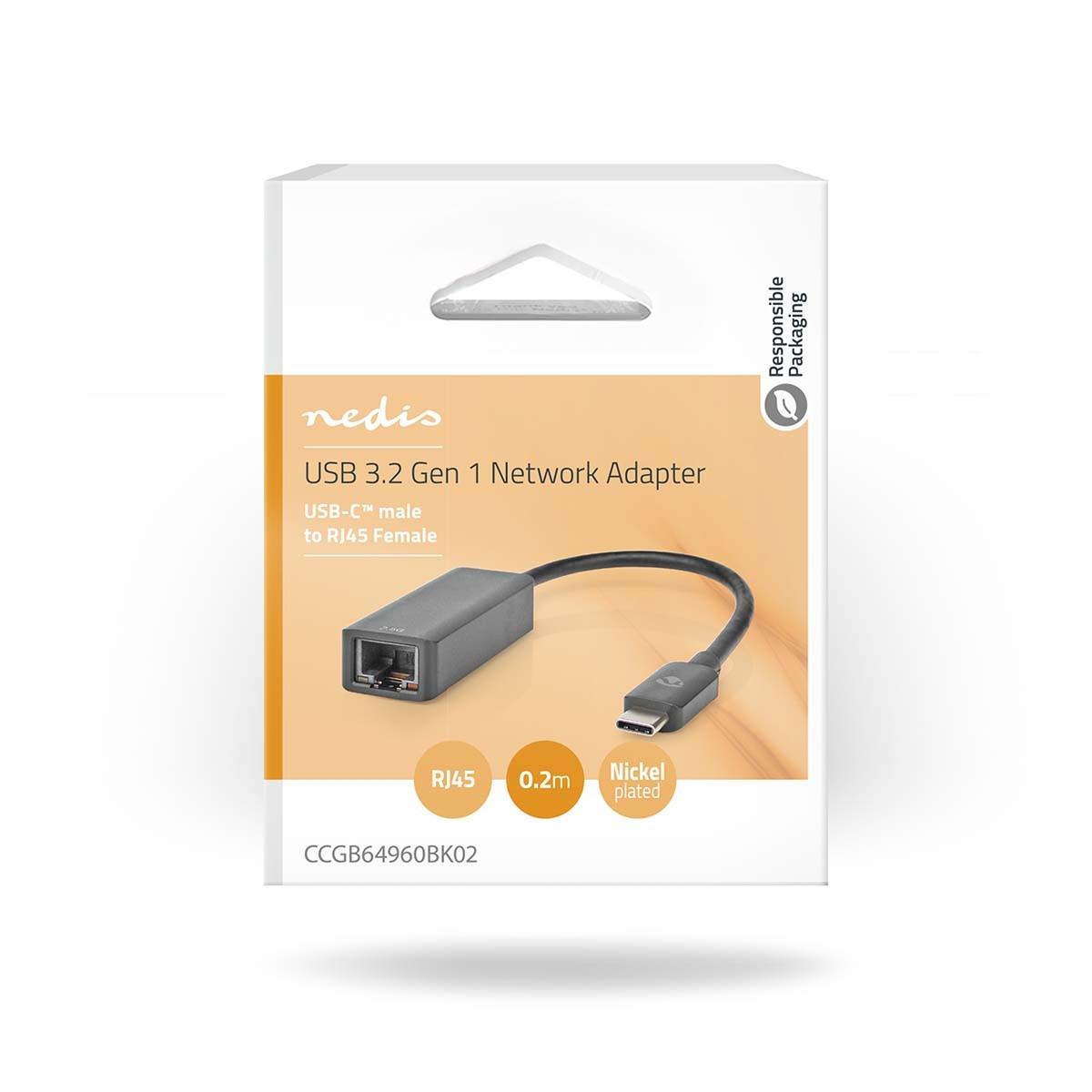 Nedis  Carte réseau USB | USB 3.2 Gen 1 | 2,5 Gbps | USB-C™ mâle | RJ45 femelle | 0,20 m | Rond | Nickelé | Cuivre teinté | Noir | Boîte 